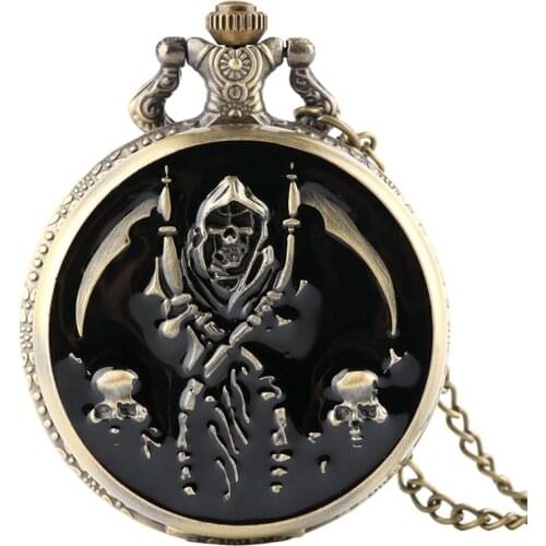 Cool Black Skull Quartz Pocket Watch Necklace Pendant Fashion Ghost Retro Chain Clock Souvenir Gift Floral rattan Pocket Watch