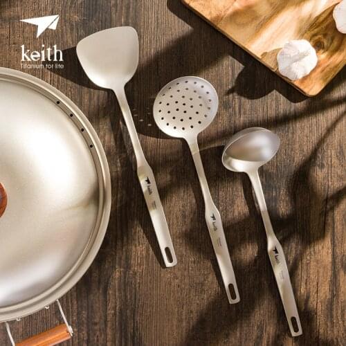 Keith pure titanium kitchenware long handle anti-scalding titanium spoon colander cooking shovel spatula three-piece suit