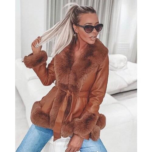 Malina PU Leather Jackets Women Fashion Tie Belt Waist Short Coats Women Elegant Side Pockets Faux Fur Jackets Female Ladies JT