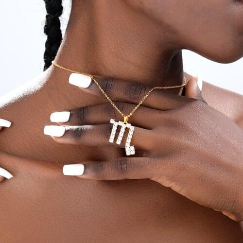 Iced Out Twelve Constellations Zodiac Necklace Gold Zircon Pendant Chain Necklace for Women Choker Collares Jewelry Gifts