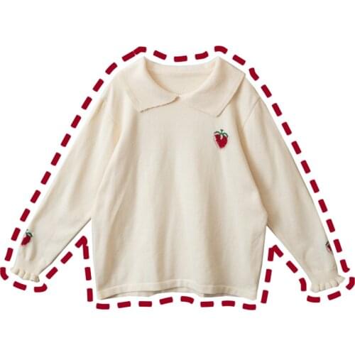 Strawberry Embroidery Turn-down Collar Cute Womens Knitted Sweater Pullovers Long Sleeve Fall,Winter Sweaters Cute Girls Beige