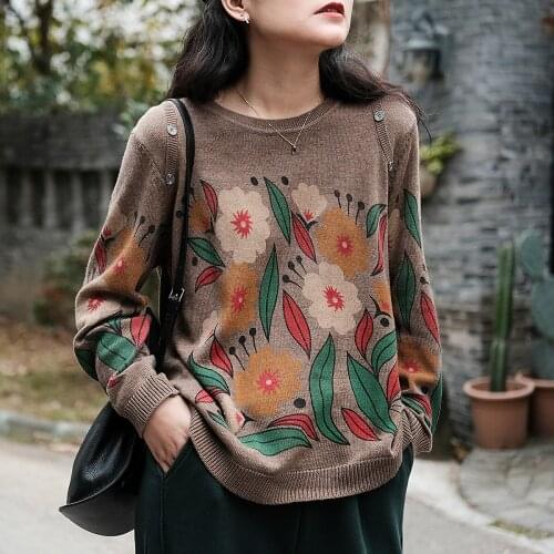 NINI WONDERLAND 2021 Autumn Print Flower Knit Pullover Sweater Womens Long Sleeve Loose Printed Vintage Sweaters Mori Girls