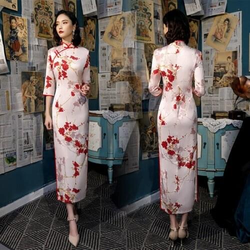 Retro Improved Cheongsam Long Elegant Chinese Dress Female Long Sleeve Young Girl Chinese Style Catwalk Chinese Cheongsam Dress
