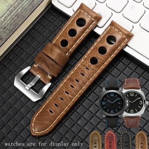 PEIYI Soft and Brathable Leather Watchband 20 22 24mm black red Strap Replacement Belt for PAM441 Mens Watch Chain