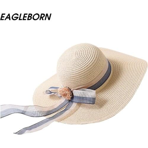 2020 New Straw Hat Woman Beach Visor Long Ribbon Streamer Summer Seaside Flowers Visors Korean Hat Sunscreen Sun Hat for Women