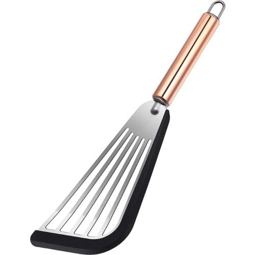 Slotted Spatula Flexible Stainless Steel Spatula with Silicone Top Soft Edge Slotted Spatula Turner with Golden Handle