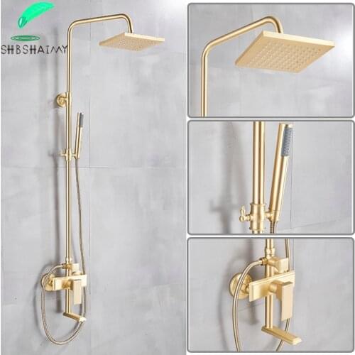 SHBSHAIMY Brushed Golden Bathroom Shower Faucet Kit 2-ways Wall Mounted Rainfall Shower Head Hot Cold Mixer Faucet Tap