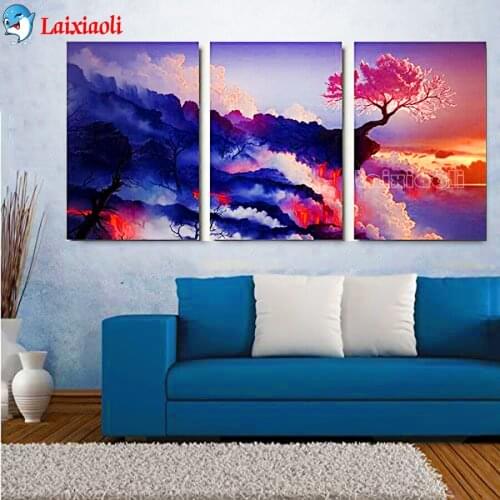 Triptych Magic volcano cherry tree Full circular square 5d diy Diamond Mosaic Natural Landscape Diamond painting sale home art