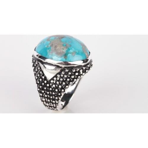 UM US JEWELRY Turquoise Natural Stone Hand Embroidered 925 Sterling Silver Men Ring