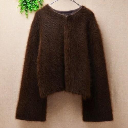 Ladies women fashion autumn winter thick warm mink cashmere knitwear long sleeves loose cardigans angora fur jacket coat sweater