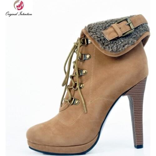 Original Intention Stylish Women Ankle Boots Nice Round Toe Spike Heels Comfortable Brown Shoes Woman Plus US Size 4-15