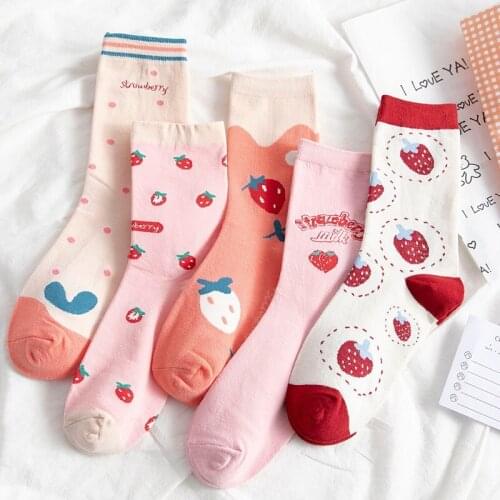 Korean Women Milk Strawberry Socks Fruit Cute Cotton Slippers Pink Polka Dot Girl Japanese Sweet Kawaii Harajuku Fashion Socks