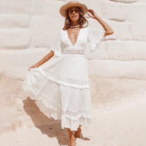 Hirigin 2021 Spring Summer Dress Women White Patchwork Lace V-Neck Ruffle Sleeve Long Dresses Boho Casual Beach Vestidos