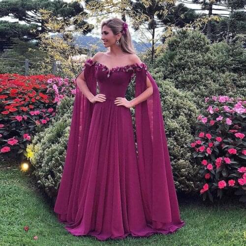 Specical Occassion Illusion Neck Flower Grape Formal Evening Dresses Long Sleeve Women Prom Party Dress vestido festa longo Gown