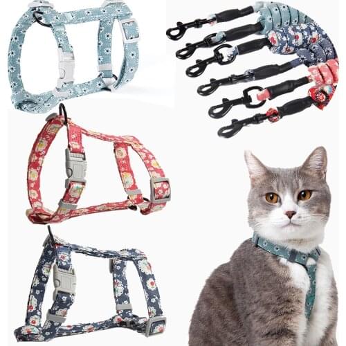 Cat Vest Harness and Leash Set Escape Proof Nylon Floral Walking Harness Leash for Cats Adjuctable Japanese Style Harnais Chat