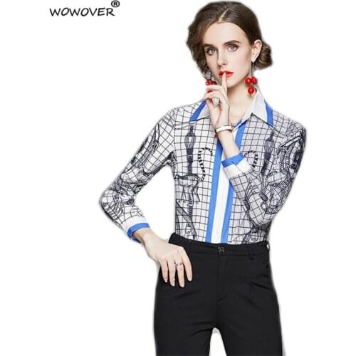 2021 Spring Fashion Runway Shirts Women Elegant Turn Down Collar Vintage Print Blouses Ladies Office Work Wear Casual Tops M-XXL