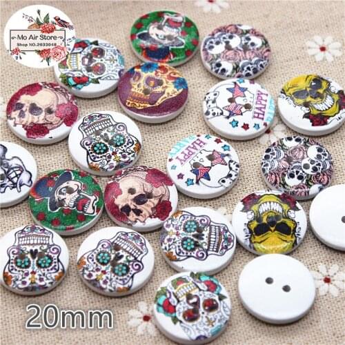 50pcs Mixed Color sugar skull Wooden round Decorative Button 2 Holes 20mm Fit DIY Scrapbooking Products