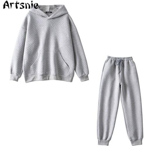 Artsnie Winter 2020 Tracksuit Women Two Piece Set Suits Oversized Hoodies Sweatshirts And High Waist Pants Sweatpants Warm Suits