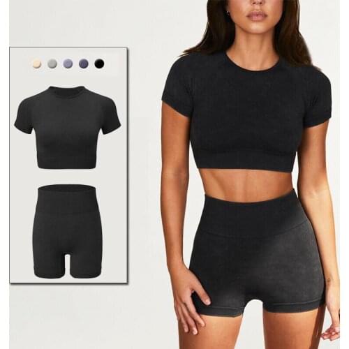 Seamless Yoga Set Workout Clothes Gym Shorts Set Short Sleeve Crop Top Shirts High Waist Shorts 2 Pieces Suit Women Tracksuit