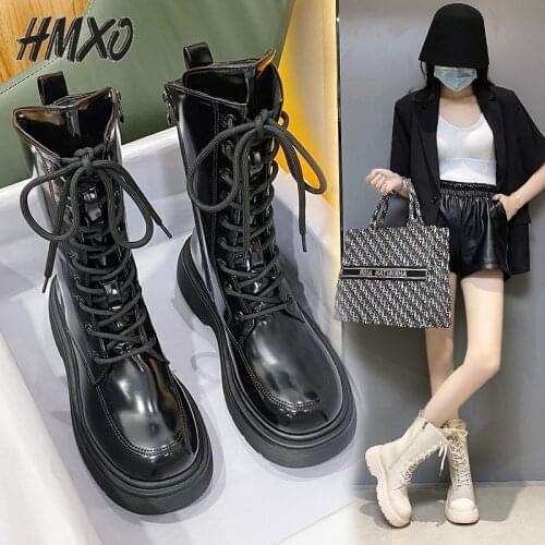 HMXO Round Toe Lace-up Martin Boots British Style Patent Leather Fluorescent Green Knight Side Zipper Mid-tube Boots Women Shoes