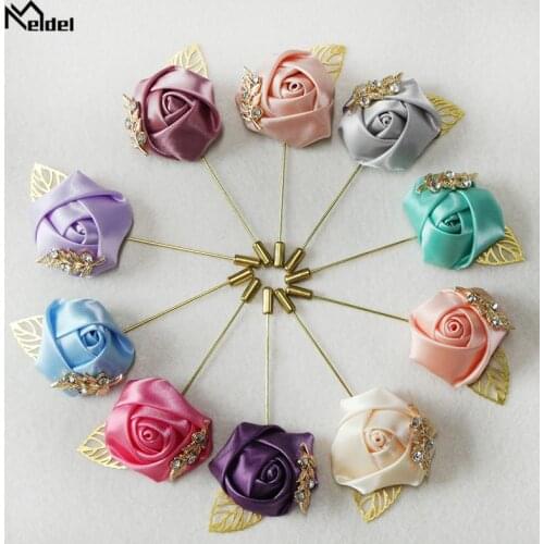 Meldel Groom Boutonniere Men Brooch Pins Silk Rose Wedding Boutonniere Groomsmen Corsage Flowers Prom Party Wedding Boutonnieres