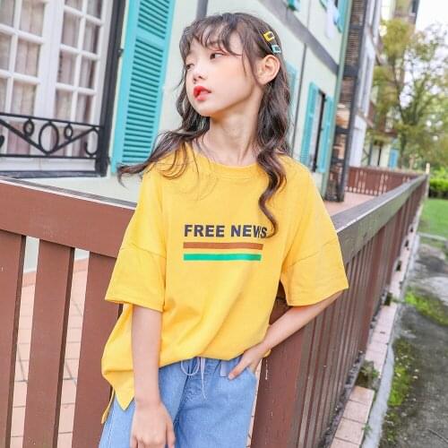 2021 New Cotton Childrens Clothing Teen Girls Alphabet Printing Short-sleeved T-shirt Summer Baby Kids Casual Wild Long T-shirt