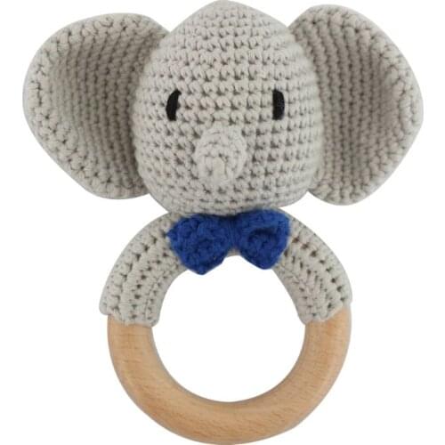 Baby Wooden Teether Ring DIY Crochet Elephant Rattle Soother Bracelet Infant Teething Molar Play Toys