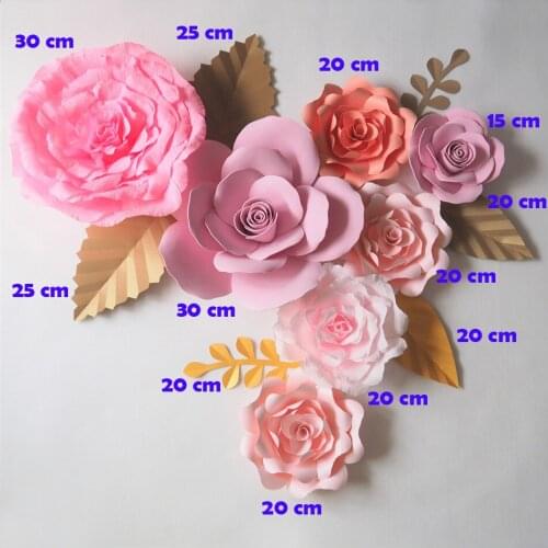 Giant Paper Flowers Backdrop Artificial Handmade Crepe Paper Rose 7PCS+Leaves 6PCS For Wedding & Party Deco Home Decoration
