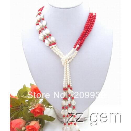 Huij 00174 4Strds Red Coral&12mm Coin Pearl Necklace