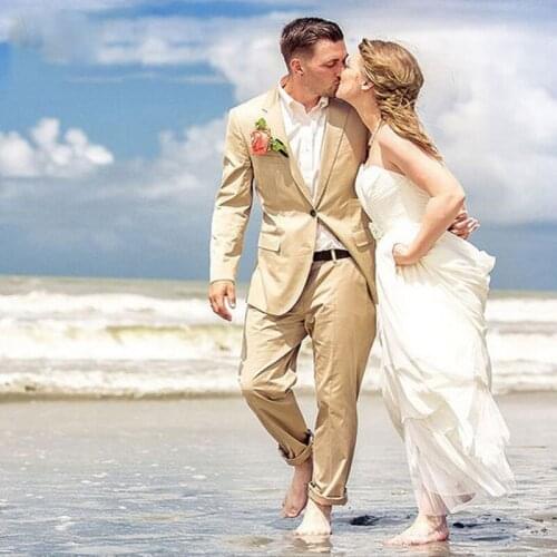 Custom Made Beach Wedding Suit Men Khaki Groom Tuxedo Slim Fit Best Man Blazers 2Piece Groomsmen Jacket Pants Terno