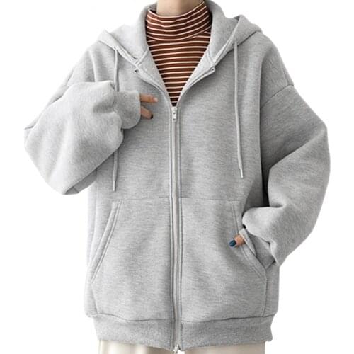 Korean Pop Women Sweatshirt Jacket Hat Hoodie Silver Gray Fleece Zipper Harajuku Simple Student Keep Warm Winter Coat Female
