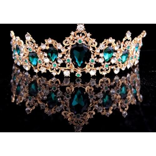 Baroque Crown Red Blue Green Crystal Bridal Tiaras Crown Vintage Gold Hair Accessories Wedding Rhinestone Diadem Pageant Crowns