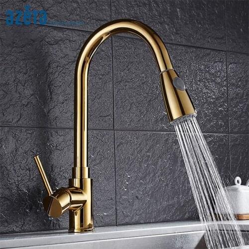 Azeta Multicolor Tap Pull Out Kitchen Faucets Gold Brass Deck Mounted Kitchen Mixer 360 Rotate Nozzle Kitchen Sink Tap MK9824G