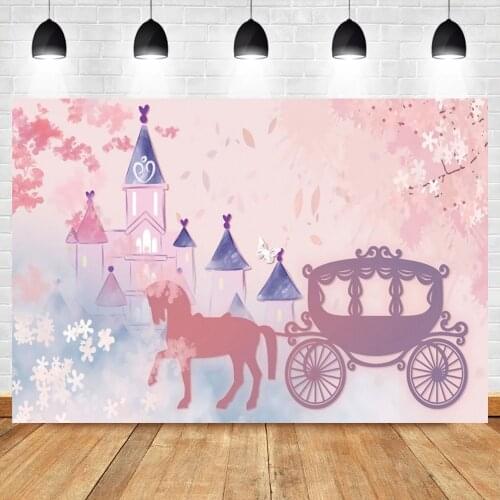 Laeacco Fairytale Castle Dreamy Carriage Photograpy Backdrop Tree Flower Baby Birthday Portrait Cartoon Photo Banner Photostudio