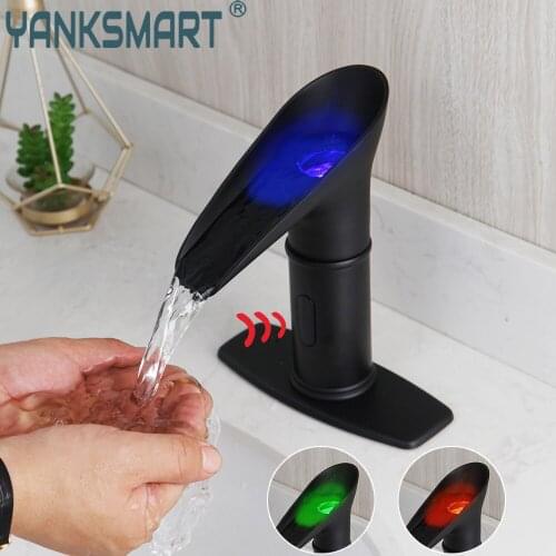 YANKSMART LED Matte Black Bathroom Faucet Basin Sink Deck Mounted Free Touch Automatic Inflated Sensor Faucet Mixer Water Tap