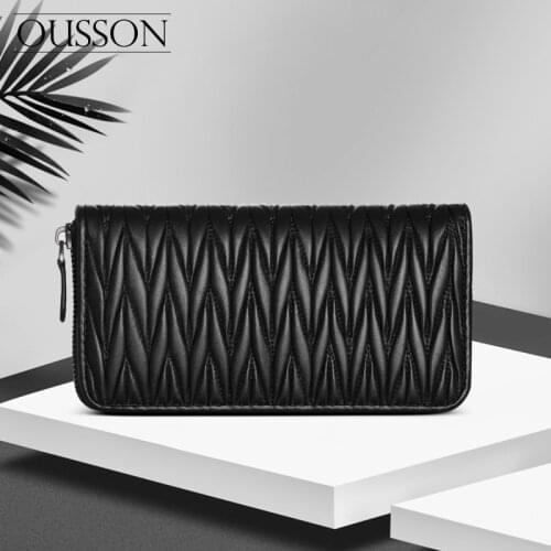 OUSSON Fashionable casual light-handed lambskin folds womens wallet clutch long coin purse clutch