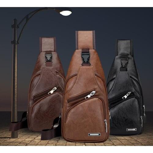 Fashion PU Leather Men Crossbody Chest Bag USB Charging Casual Solid Color Phone Belt Shoulder Packs Multi-Function Zipper Pouch