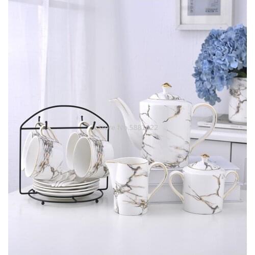 Marbled Ceramic Coffee Cups Dish Set-Teapot-Milk Jug-4 Cups and Saucers Set-Sugar Pot-Milk Tank-Milk Mug