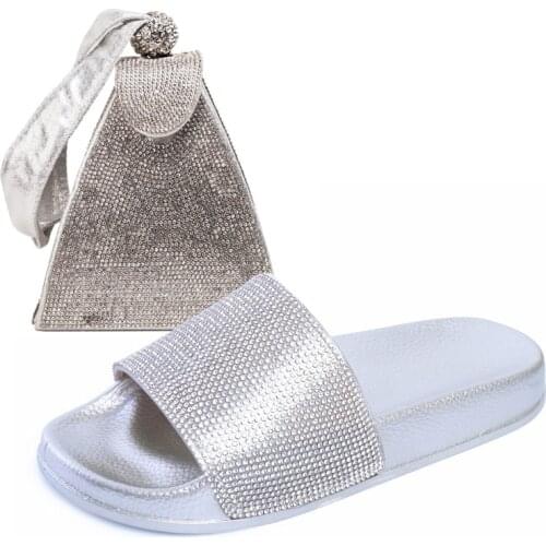 New Womens Bag Fashion Summer Glitters Slippers Rhinestone Dinner Handbag Female Rhinestone Slides Shoes and Bags Sets