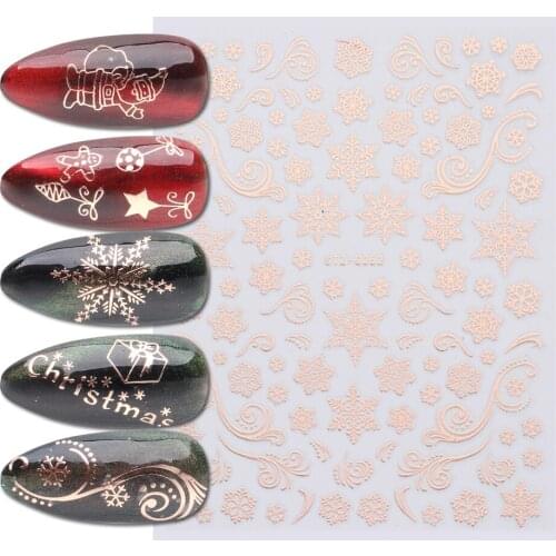 3D Rose Gold Holographic Sticker for Nails Christmas Slider Set Snowflake Elk Sparkly Decals Nail Decor Manicure CHSTZG050-058-1
