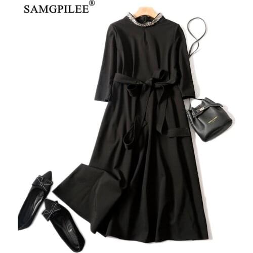 Autumn Dresses For Women 2021 Office Lady A-line Solid Three Quarter Sleeve Beading Plus Size Korean Dress O-neck Winter Dresses