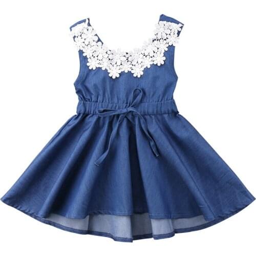 Fashion Cute Toddler Kids Baby Girls Clothes Sleeveless Tutu Dresses Cotton Lace Denim Princess Party Dress Sundress