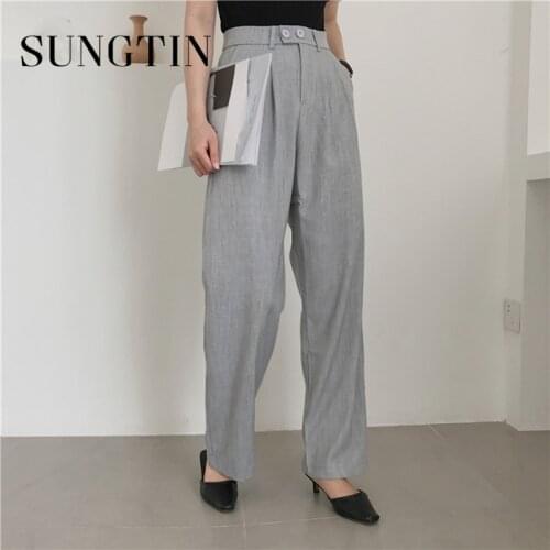 Sungtin Retro Casual Wide Leg Pants Women High Waist Solid Loose Trousers Female Straight Suit Pants Korean Fashion Spring 2021