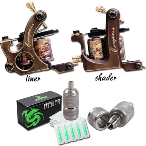 Professional Handmade Copper Tattoo Kit Machine Liner Shader Tattoo Guns Self-lock Copper Grips With Tips