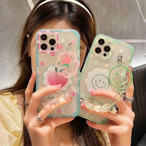 Cute Cartoon Peach Smiley Face with Wrist Chain Phone Case for iPhone 12Pro Max 11 XR XS X 8 7Plus Transparent Shockproof Cover