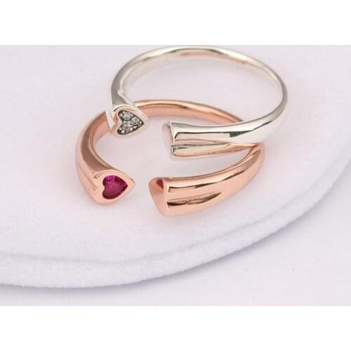 S925 Rose Two Hearts With Crystal Ring For Women Wedding Party fit Lady Fine Jewelry