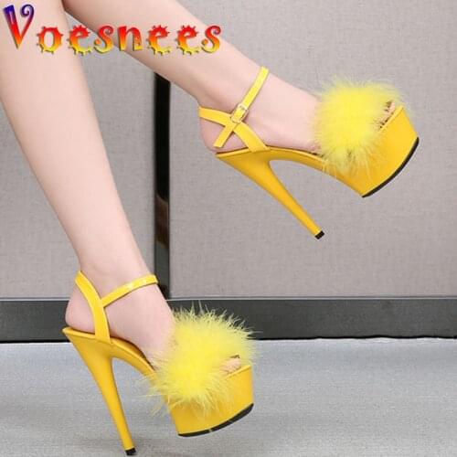 Summer Women Sandals Sexy PVC Fur Vamp 15CM Stiletto Heel Shoes 2021 New Candy Color Waterproof Platform Buckle Strap Sandals