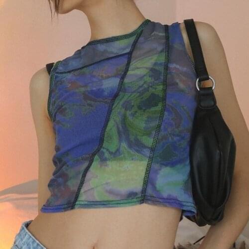 Print Mesh Tank Tops Summer Sexy Patchwork Sleeveless Crop Top Women Streetwear Transparent 2021 Camisole