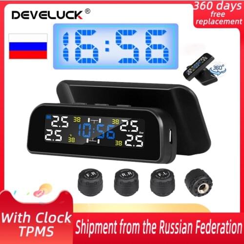 TPMS Car Tire Pressure Alarm solar digital Automatic clock LCD display 360 Adjustable Auto Security System Temperature Warning