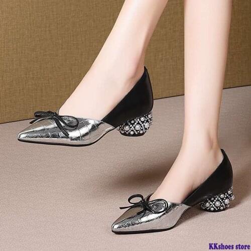 Heel Single Shoes Woman MID Heels Women 2020 Autumn Work Shoe Female Footware Soft Leather Bowtie Pointed Toes SILVER